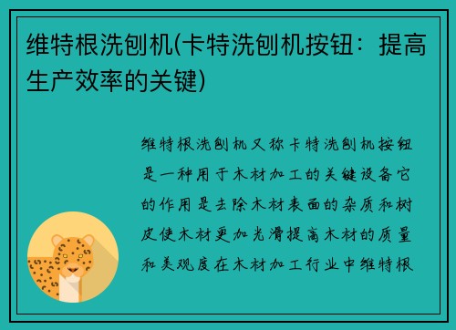 维特根洗刨机(卡特洗刨机按钮：提高生产效率的关键)